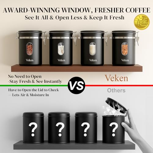 Veken Coffee Canister with Window, Airtight Stainless Steel Container, 22OZ - color: Black, size: 22 oz
