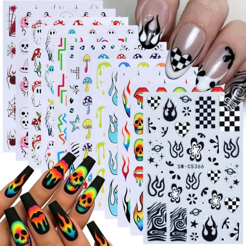 Halloween Skull Nail Stickers Decals 12PCS Colorful Halloween Nail Art Stickers 3D Self-Adhesive Decals Flame Ghost Mushroom Spider Web Colorful Dripping Y2K Designs Manicure Decor Nail Supplies - style: Halloween Skull Flame