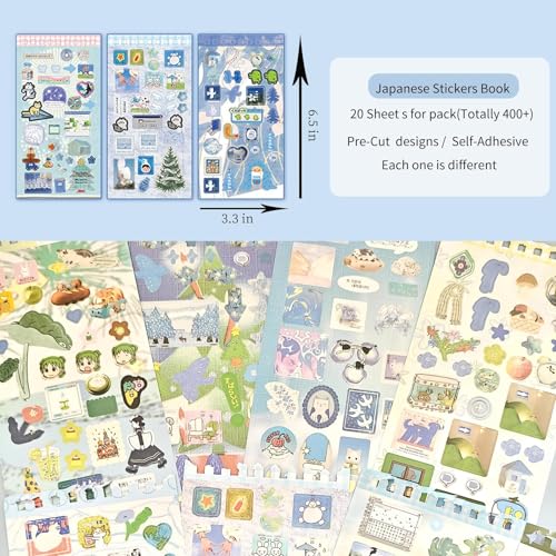 400+ Japanese Stickers Book Set,20 Sheets Kawaii Japanese Sticker Book for Scrapbooking Supplies,Korean Aesthetic Stickers for Journaling Supplies,Junk Journal,DIY Craft(Dream Blues) - color: Dream Blues