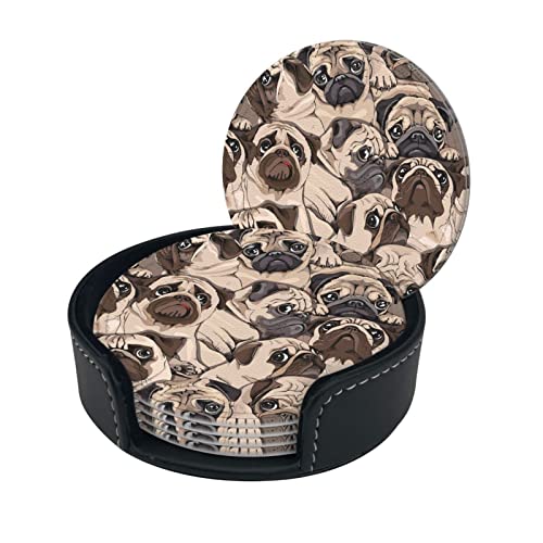 6 Pcs Leather Coasters for Drinks with Holder Humor Pugs Dogs Coaster Sets Drink Table Cup Coasters for Kitchen Coffee Decor - color: Humor Pug Dogs