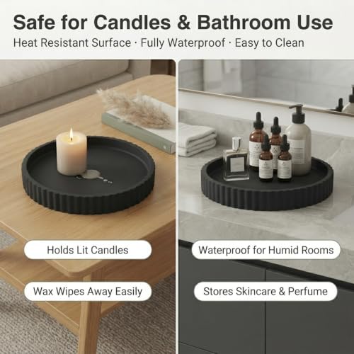 Round Solid Concrete Tray, Fluted Centerpiece for Coffee Table Decor 13" - color: Black