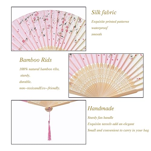 QIRMIZI 10 Pieces Handheld Fans, Silk Folding Fans, Floral Folding Fans for Birthday,Dancing, Cosplay, Weddings, Parties, and Events,Pink Cherry Blossom Rain - color: 05 Pink Cherry Blossom Rain
