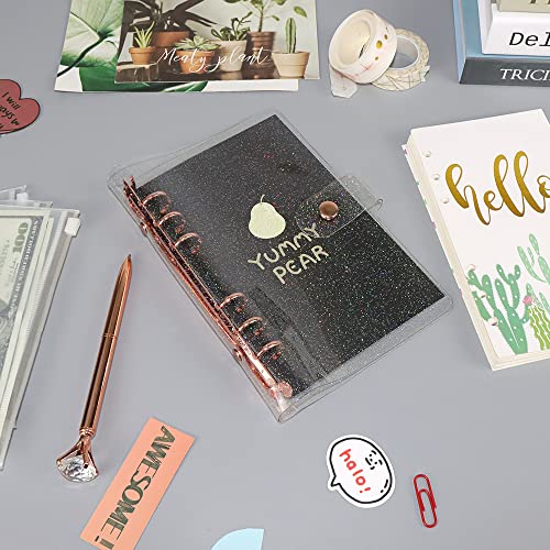 Personal A6 Glitter PVC Binder Cover Clear Soft PVC Notebook Shell 6 Rose Gold Round Ring Binders with Snap Button Closure Loose Leaf Folders (Personal A6, Glitter Cover + Rose Gold Binder) - color: Glitter Cover + Rose Gold Binder, size: Personal A6