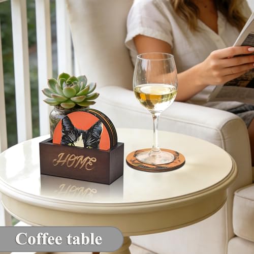 Bar Coaster Set, Drink Coaster for Home Decor, Wood Coffee Coasters 6Pack (Cat) - color: Cat