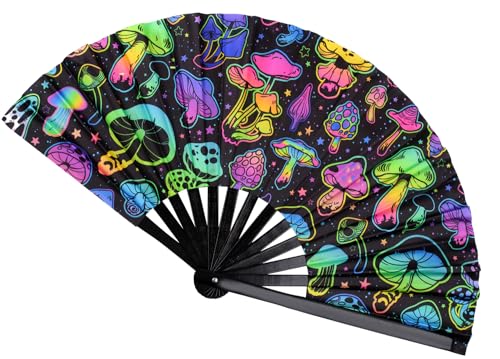 Large Rave Hand Fan UV Glow, Bamboo Clack Popping Folding Fan, Large Hand Fan for Line Dancing, Halloween, Music Festival, Club, Dance, Party, Drag Queen(Mushrooms) - color: Mushrooms