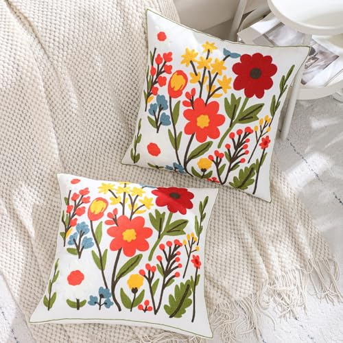 LUOYEHK Embroidered Throw Pillow Covers 18x18 Inch Set of 2 Spring Flowers Decorative Pillow Cover Summer Boho Floral Cushion Pillowcase for Couch Sofa Bed Living Room - color: Orange Red Flower