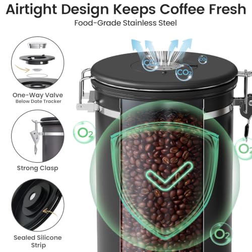 Veken Coffee Canister with Window, 39OZ Large Airtight Stainless Steel Jars - color: Black, size: 39 oz