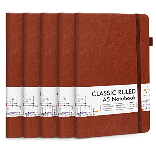 5 Pack Journal Notebook Bulk for School, Feela Hardcover Business Notebooks Classic Ruled Lined Journals with Pen Holder for Work Note Taking, with 5 Black Pens, 120 GSM, 5.1”x8.3”, A5, Brown - color: 5 Pack brown