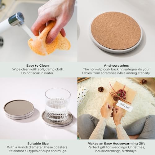 Set of 6 Taupe Coasters with Holder, Absorbent Ceramic Drink Coasters with Cork Backing for Table Protection, Table Decor, Housewarming Gifts - color: Taupe