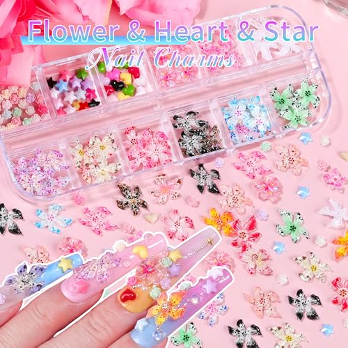5 Boxes Gold & Silver Metal Nail 3D Punk Studs Flower Petals Heart Bows Star Pearls Rhinestones Nail Charms Nail Art Jewels with Tweezers and Nail Brush and Wax Pen Picker (10-multishapes charms) - color: 10-multishapes charms