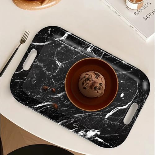 Serving Trays with Handles, 14.5 x 9.8 inch Rectangular Plastic Tray for Restaurant, Kitchen, Black Marble - color: Black Marble