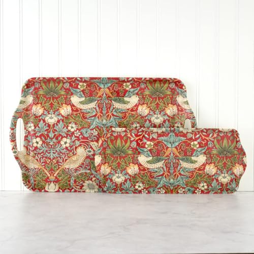 Pimpernel Morris & Co Strawberry Thief Sandwich Tray with Handles, Red - Decorative Melamine Serving Tray for Afternoon Tea, Coffee Table Display, Garden Party Entertaining, Cheese Board, Gifting - size: 15.1" x 6.5" x 1", style: Red Strawberry Thief