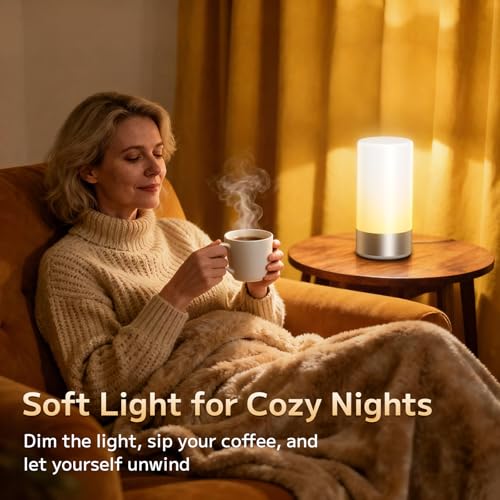 Table Lamp, Bedside Touch Control Lamp for Bedroom 3 Level Dimmable Warm White Lights with 256 RGB Color Mode Modern Deisgn Smart Nightstand Desktop LED Lamps Portable for Read(Advanced)