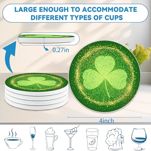 Drinks Coasters Set of 4, St. Patrick's Day Green Round 4" Cup Coasters, Absorbent Ceramic Stone Coasters with Cork Base, Cute Coasters for Table Home Décor, Ideal Gifts for Women Men - color: St. Patrick's Day Green