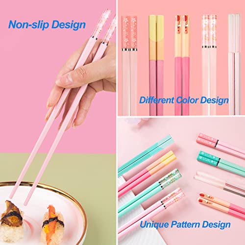 5 Pairs Reusable Chopsticks Dishwasher Safe, Fiberglass Premium Japanese Chines Korean Chopsticks for Sushi Noodles Ramen, Non-slip Chop Sticks, Lightweight, 9.6 inches- Green&Pink-B