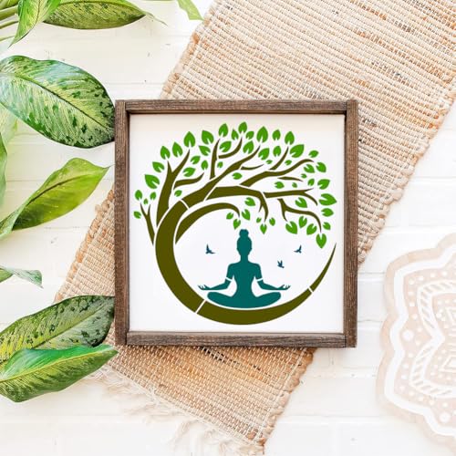 FINGERINSPIRE Tree of Life Stencil with a Paint Brush 11.8x11.8Inch Reusable Yoga Practitioner Stencil PET Birds Yoga Decoration Template Plant Theme Template for Wood Wall Floor Furniture - style: Yoga with Tree of Life