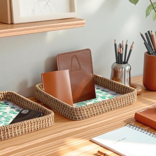 Rattan Serving Tray with Mother of Pearl Inlay,Set of 3 Wicker Serving Tray Boho,Hand-Woven from Natural Rattan, Serving Baskets for Home Decor and Coffee Table Decor (Natural) - color: Natural