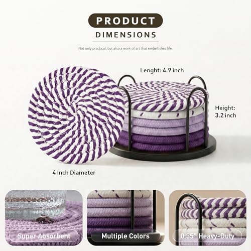 Lazebox Coasters Set of 8 for Drinks, 4 Inch Large Coasters for Coffee Table, Tabletop Protection for Hot & Cold Drinks, Versatile Coasters for Home Decor, Non-Slip & Easy to Clean - color: Purple
