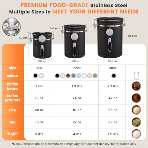 Veken Coffee Canister with Window, Airtight Stainless Steel Container, 22OZ - color: Black, size: 22 oz