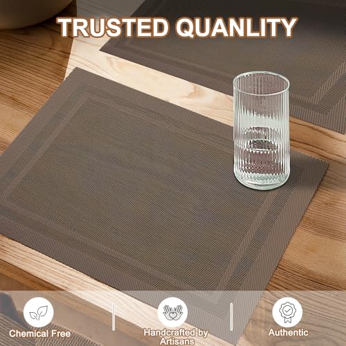 BETEAM Placemats Set of 12, Woven Vinyl Place Mats for Dining Table, Brown - color: Brown, size: 12 Pcs