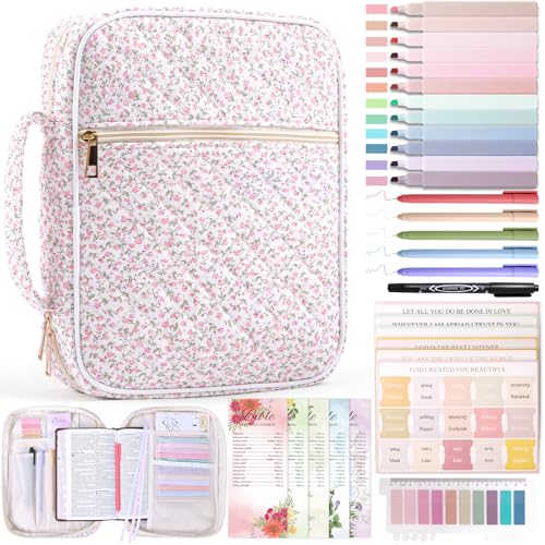 XKDOUS Bible Cover Case for Women Bible Bag Journaling Kit w/Study Supplies - color: Pink Flowers, size: Large