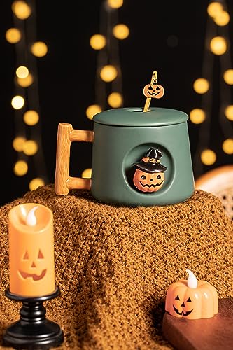 DIHOclub Adorable 3D Ceramic Pumpkin Head Mug with Lid and Spoon - Perfect for Coffee, Tea, Milk, and More - Ideal Gift for Halloween - 14 Ounces (HalloweenG) - color: HalloweenG
