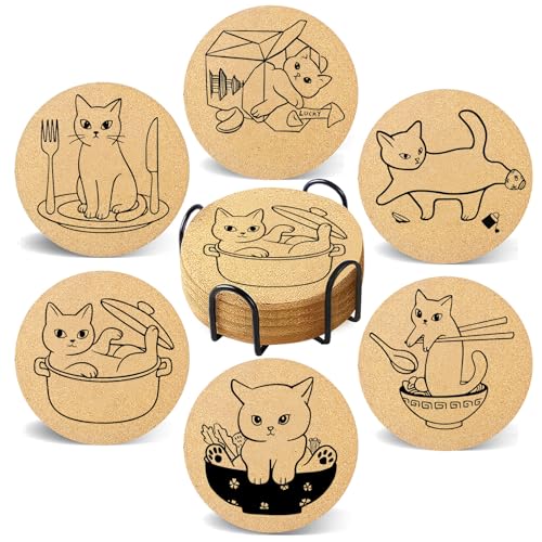 Coasters for Drinks with Holder Set of 6, Cat Cork Coaster Absorbent for Office Desk Cup Table Coasters Kitchen Decor House Warming Gifts for New Home, Round 4" - color: Cat004