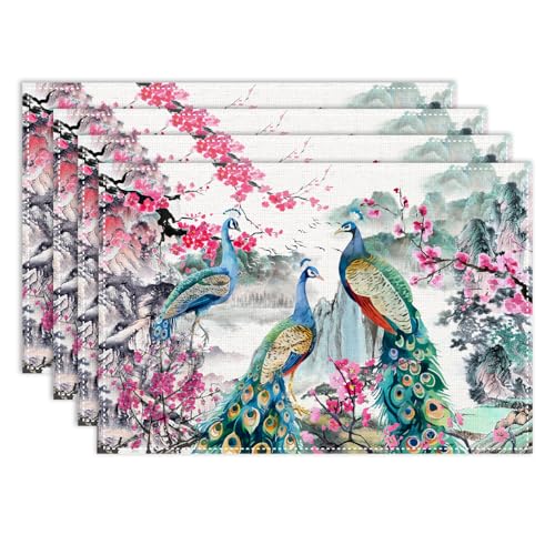 Peacock Placemats Set of 4, 12x18 Inch Vintage Japanese Landscape Traditional Ink Painting Cherry Blossom Asian Style Seasonal Spring Holiday Coffee Table Mats for Party Kitchen Dining Decoration - color: Pm-floral Bird02, size: 4pcs