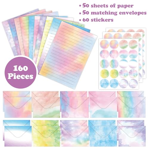 Stationery Paper Envelopes Set 160 Pcs - 50 Lined Writing Paper, 50 Envelopes, 60 Dot Stickers, Vintage/Floral/Leaf/Watercolor Multi-Style Options (STATIONERY-160PCS-WATERCOLOR) - style: Watercolor Gradient