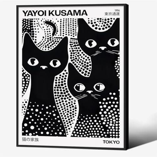 Cute Black Cat Poster Japanese Yayoi Kusama Wall Art 08x10 inch Black Framed Trendy Animal Canvas Prints for Bedroom Dorm Wall Decor Cat Lover Gifts - color: Trendy 5-BFramed, size: 10"L x 8"W