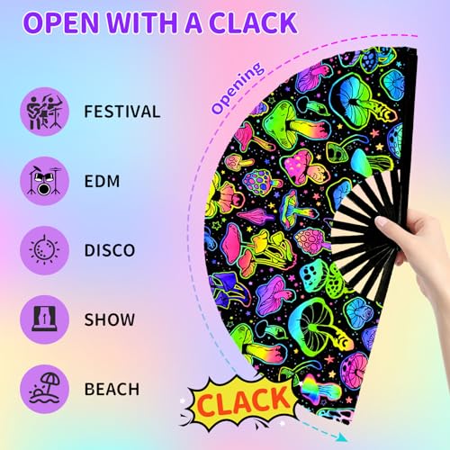 EOSAU Large UV Glow Rave Fan, Folding Hand Fans for Line Dancing, Mushrooms - color: 13" Mushrooms