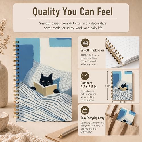 Funny Reading Black Cat Spiral Notebook, Black Cat Lovers Gifts Journal, Book Lover Reader Bookworm Bookish Gifts Hardcover Lined Notebook Journal, 5.5x8.3 Inch - color: pattern-6