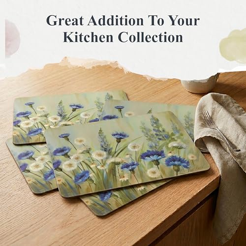 Pimpernel Fleurs des Champs Collection Placemat Set – (15.7" x 11.7") Cork-Backed Table Mats with Blue & White Cornflower Pattern, Heat & Stain Resistant with Lacquered Finish, Decorative Dining - size: 15.7" x 11.7" Rectangular, style: Fleur Des Champs