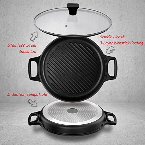 S·KITCHN Cast Aluminum Griddle Pan for Stovetop with Lid - Lighter than Cast Iron Skillet,Round Frying Pans Nonstick Grill Pan Dishwasher & Oven Safe,12IN - size: 12 IN