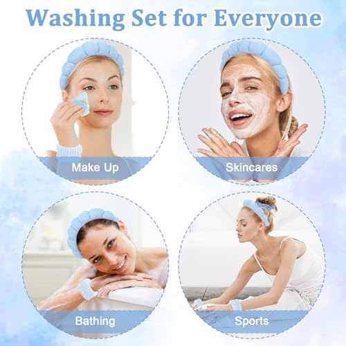 7Pcs Spa Set - Puffy Headband, Wristbands, Powder Puffs, Makeup Removal Terry Cloth Headband - Blue - color: Blue