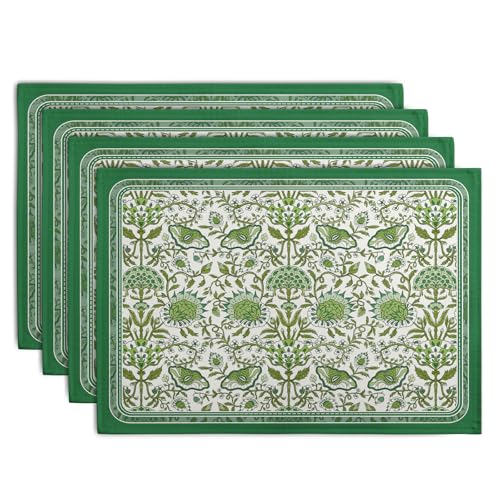 Green Floral Boho Placemats Set of 4, 12x18 Inch Vintage Chinoiserie Block Print Place Mats Seasonal Spring Summer Rustic Farmhouse Table Mats for Party Kitchen Dining Outdoor Indoor Decor - color: Boho Floral Green