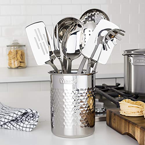 Viking Kitchen Utensil Holder, Hammered Stainless Steel Kitchen Utensils Organizer Crock, Counter Top Storage, Cooking Accessories, Silver - size: 6.75" x 4.75", style: Utensil Holder