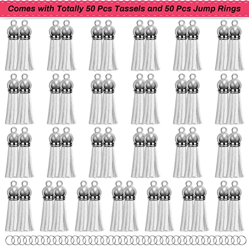 Keychain Tassels Bulk, Paxcoo Small Tassels for Jewelry Making, 50pcs Leather Tassel Keychain Charms with 50pcs Jump Rings for DIY Key Chain Craft - color: White