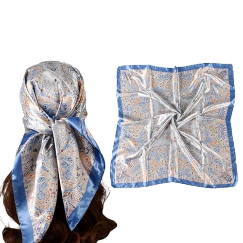 35 Inches Silk Head Scarf-Satin Hair Scarves Silk Bandana Scarf Headscarf for Women's Fashion Scarves - color: Large Floral Cashew Nut - Blue