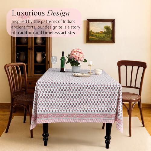 CPC Pink Sapphire Block Print 100% Cotton Rectangle Tablecloth 60x102 Inch - color: Pink Sapphire, size: 102" x 60" (Rectangular)