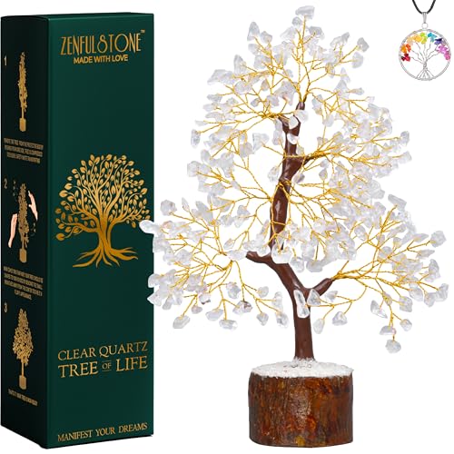 Clear Quartz Tree of Life for Home, Office, and Desk Décor | Handmade Bonsai for Clearity, Positive Energy & Focus | Perfect Concentration Gift for Mom - color: Clear Quartz Golden Wire