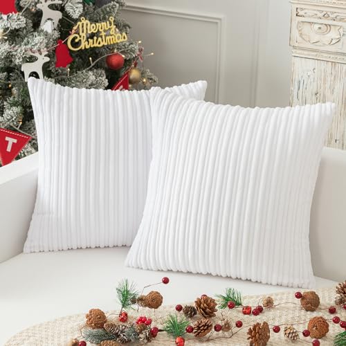 Kevin Textile Striped Corduroy 16”x16” Pillow Covers 2 Pack, Pure White - color: Pure White, size: 16" x 16" (Pack of 2)