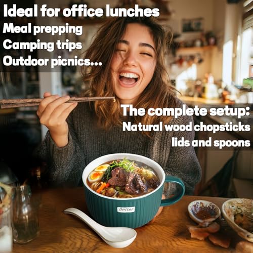 Artena 38 oz Soup Bowls with Handles, Lids, Spoons & Chopsticks – 6 Inch Large Microwave Safe Ceramic Ramen Bowls, Soup Mugs & Cereal Bowls for Instant Noodles, Oatmeal, Meal Prep (Green-Set of 2) - color: Green-Set of 2