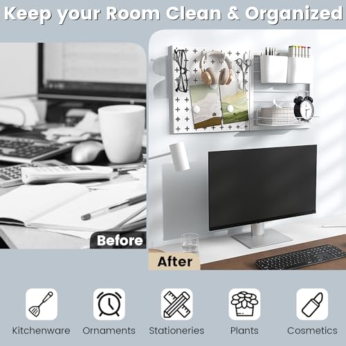 Goplus Peg Board, Metal Pegboard Kit with 2 Pegboard Panels, 12 Accessories, Storage Rack, 2 Storage Containers, Magnets & Hooks, White Pegboard Wall Organizer for Office Kitchen Home