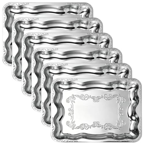 6 Pcs Silver Serving Trays, Engraved Butterfly Floral Serving Platters, Mirror Polished Stainless Steel Food Trays, Decorative Silver Plates for Appetisers, Fruits, Desserts - size: 15.7 x 11.6 x 1.6 in
