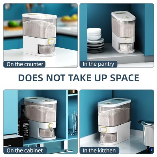 Rice Dispenser, 11Lbs-12Lbs Rice Container with Measuring Cup, Upgraded Lid Time Dials & Built-in Fresh Box Rice Container Storage for Home Kitchen Pantry Stores Rice - White Capacity 11Lbs-12Lbs