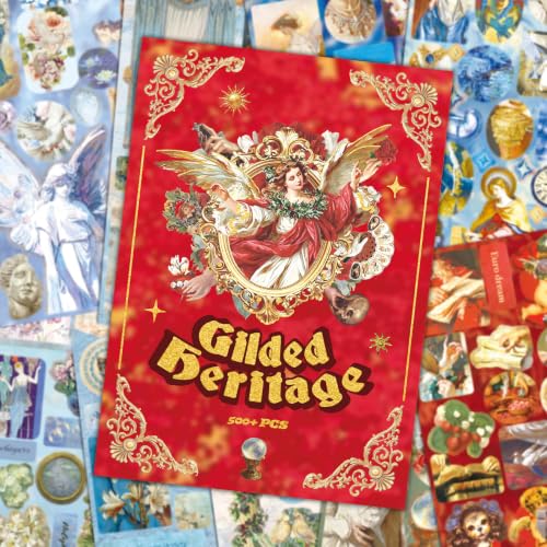 500+ Pcs Vintage Gilded Heritage Sticker Book - Pre-Cut Waterproof Repositionable Scrapbook Stickers, Elegant Baroque Art Decals for Journaling, Scrapbooking Supplies, Junk Journal & DIY Crafts - color: Red Manor