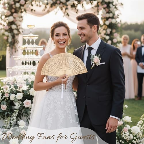 50 Set Wedding Fans for Guests and Bride, Handheld Foldable Wood Fan Party Favor with Organza Bags and Tassels for Wedding Party Favors and Bridal Shower Gifts - color: White&wood2