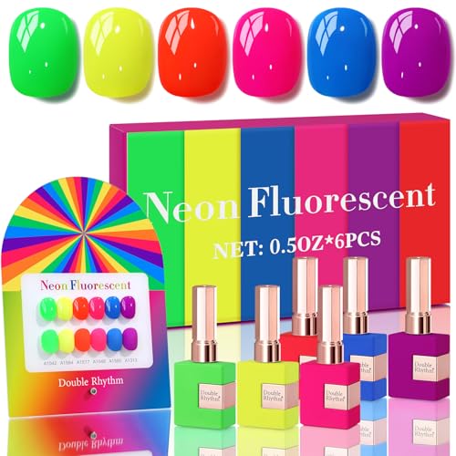 Double Rhythm 6 Pcs 15 ML Gel Polish Set Same Color Same Bottle Soak Off Gel Polish Kit Nail Art Manicure Salon DIY at Home for Women (Neon Green Red Pink Blue Purple-T6-12) - color: Neon Fluorescent