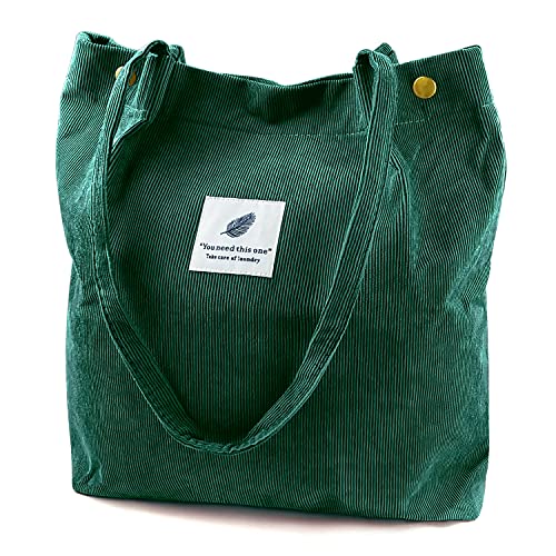 Ayieyill Corduroy Tote Bag for Women Canvas Shoulder Cord Purse with Inner Pocket - color: Green